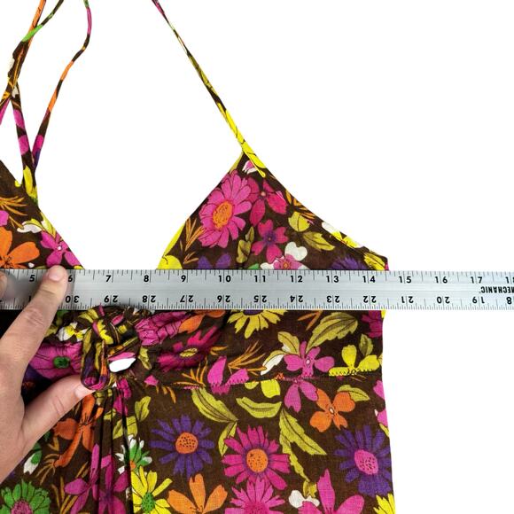 90s Free People Dress 2 Floral Halter Maxi Linen Cotton Festival Boho Summer - Picture 9 of 13